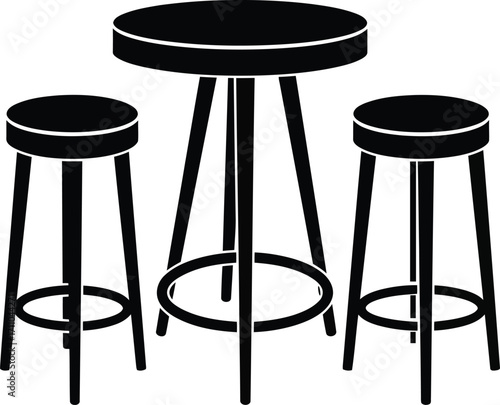 Minimalist black silhouette of a round bar table and two stools.