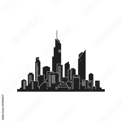 Modern City Skyline Silhouette With Tall Buildings.