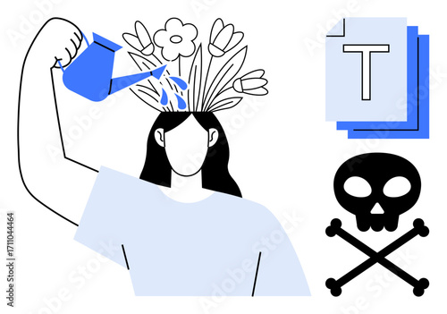 Person watering head sprouting flowers, stacked text blocks, and skull-crossbones sign. Ideal for self-care, creativity, personal growth, mindfulness, balance, awareness and a simple landing page