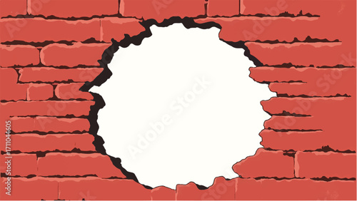 Broken Brick wall with white Hole. A Brick wall with a large hole in the center. Vector Illustration.