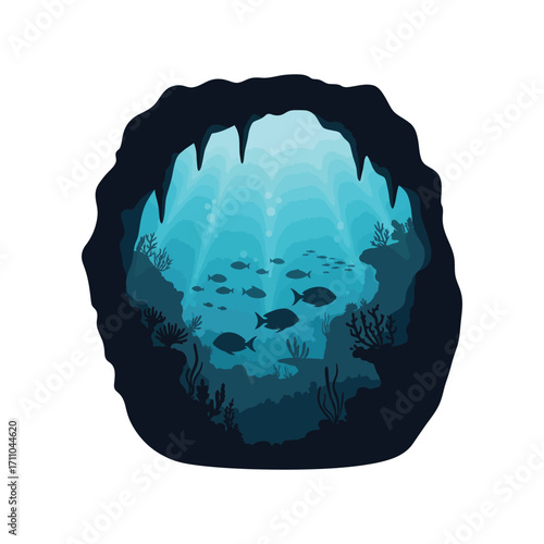 underwater cave scene with fish and coral reef.