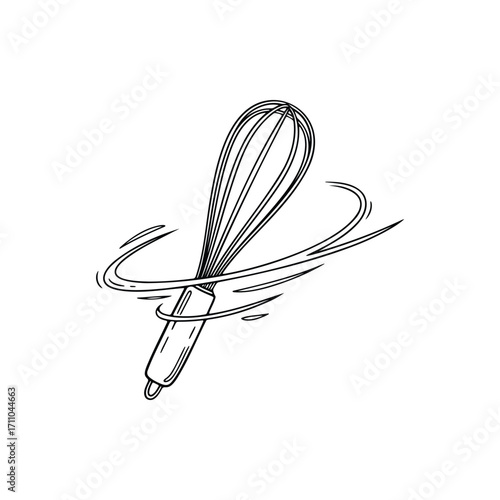 whipping whisk in motion kitchen utensil hand drawn illustration cooking tool food preparation.