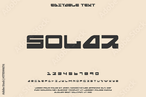 Modern futuristic font design with numbers and letters on beige background