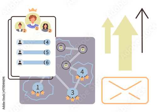 Leaderboard with crowned users, task ranking numbers, connected nodes with stars, upward arrows, and mail icon. Ideal for teamwork, task prioritization, productivity, performance tracking