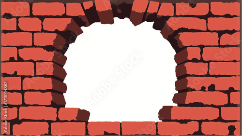 Broken Brick wall with white Hole. A Brick wall with a large hole in the center. Vector Illustration.