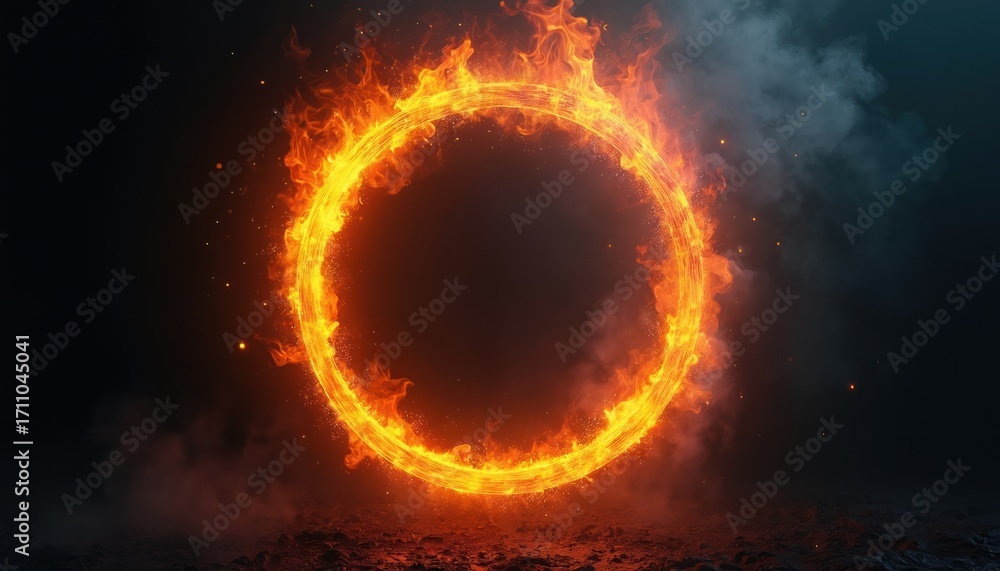 Fototapeta premium Fiery portal shines brightly. Abstract ring of fire swirls. Flames burn in circular motion with smoke around. Magic circle concept design on dark background. Hot vortex effect template.