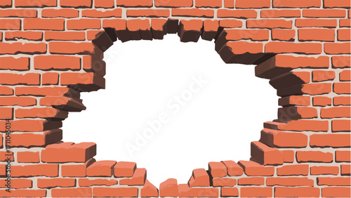 Broken Brick wall with white Hole. A Brick wall with a large hole in the center. Vector Illustration.