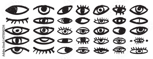 bizarre eyes hand drawn doodle brush set. Textured minimalistic grunge eyes rough collection 