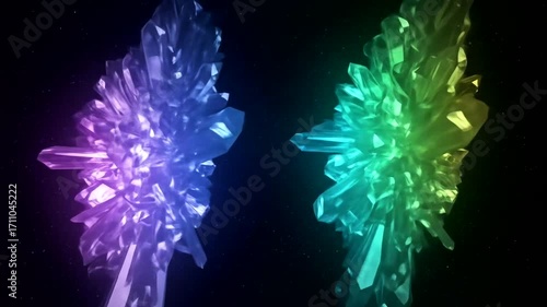Abstract design featuring vibrant crystals radiating outward on a dark background.