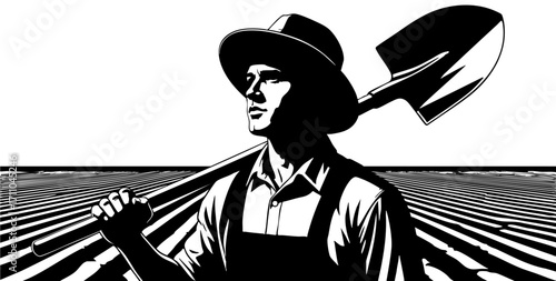 Ilustración vintage de agricultor con pala sobre el hombro en campo agrícola