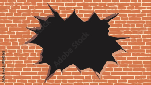 Brick wall with large black hole And jagged edges. Hole in a brick wall. Vector Illustration.