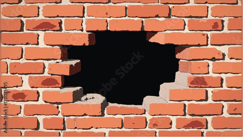 Brick wall with large black hole And jagged edges. Hole in a brick wall. Vector Illustration.