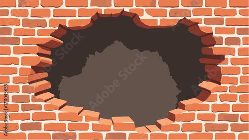 Brick wall with large black hole And jagged edges. Hole in a brick wall. Vector Illustration.