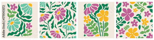 Doodle floral seamless pattern colorful set. Creative trendy flower collage or posters and floral pattern collection. Vintage cartoon hand drawn nature simple spring elements
