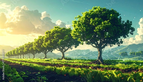 A verdant field of trees stretches out beneath a radiant sky, connected by a network of luminous lines, suggesting a harmonious blend of nature and technology.