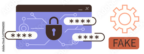 Locked browser interface with passwords and fake warning, conveying security, encryption, and fraud. Ideal for cybersecurity, data protection, authentication, online safety, technology fraud