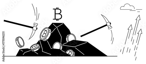 Bitcoin coins in a mountain being mined with pickaxes, surrounded by growth arrows and a cloud. Ideal for cryptocurrency, blockchain, investment, data mining, fintech, growth economy. Minimalist
