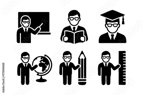 Education icons in detailed silhouette style: teacher with blackboard, person with book, graduate with cap, teacher with globe, pencil, and ruler.