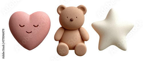 Cute Plush Heart, Bear, and Star Toys on Transparent Background for Creative Projects