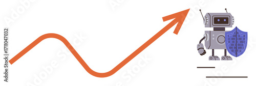 Robot holding shield next to orange upward curve symbolizing growth, protection, and innovation. Ideal for technology, cybersecurity, AI advancement, data safety, future concepts, business success