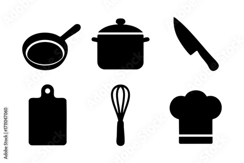 Cooking utensils icons in black silhouette style: frying pan, pot, knife, cutting board, whisk, and chef hat.