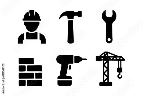 Construction icons in black silhouette style: worker, hammer, wrench, bricks, drill, and crane.