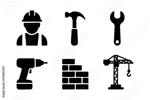Construction icons in black silhouette style: worker, hammer, wrench, bricks, drill, and crane.