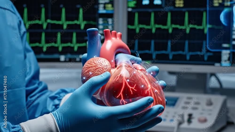 A surgeon in blue scrubs holds a detailed anatomical human heart model for cardiovascular surgery simulation with advanced medical technology for healthcare education and research