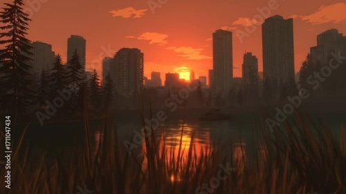 A tranquil sunset over a city, framed by towering buildings and dense forest beside a still body of water.