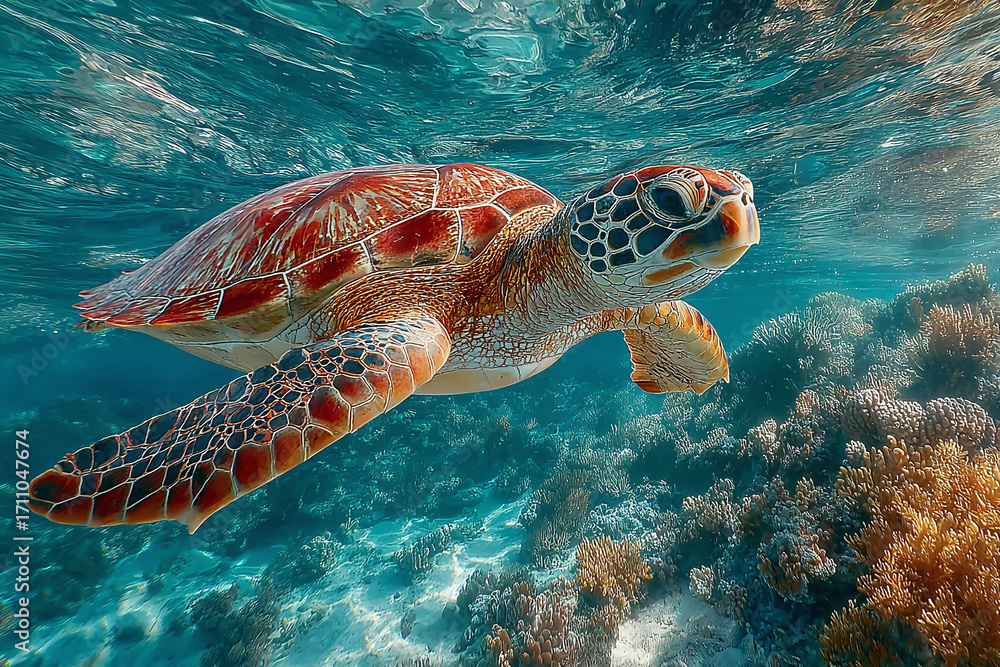 Fototapeta premium Marine biologist dives with scuba gear to observe a sea turtle swimming near vibrant coral reefs