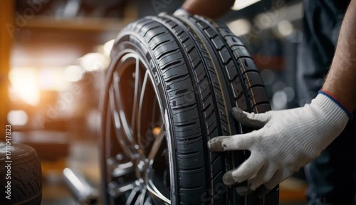 male tire changer In the process of checking the condition of new tires in stock so that they can be replaced at a service center or auto repair shop