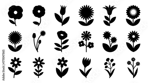 Collection of various silhouette floral designs isolated elements botanical decorative art hand drawn style vector