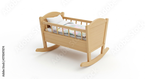 Classic wooden baby crib with rocking capabilities, adorned with soft bedding, providing a cozy and safe space for infants on an isolated transparent background.