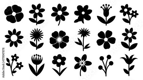 Diverse collection of black flower silhouettes isolated on for creative design projects vector