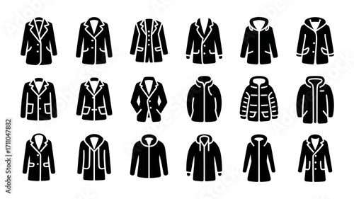 Collection of stylish winter jackets and coats for men and women silhouette set vector