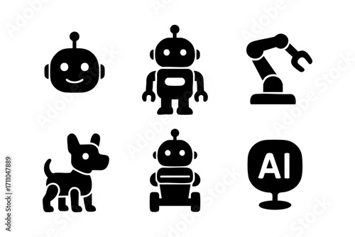 Robotics icons in black silhouette style: smiling robot, robot with arms, robotic arm, robot dog, wheeled robot, and AI symbol.