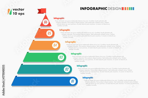 Pyramid infographic template 6 steps modern flat style for presentation, start up project, business strategy, theory basic operation, logic analysis vector 10 eps