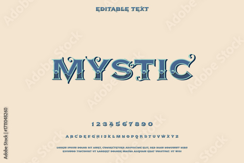 Mystic font with decorative elements and alphabet sample