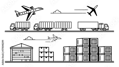 Set of modern black outline logistics icons: cargo trucks, airplanes, shipping containers, and drones, neatly aligned in rows, white background.