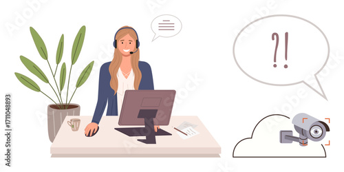 Woman at desk with headset and computer, monitoring cloud-based security camera system. Ideal for customer support, surveillance, communication, technology, workplace, online services, safety