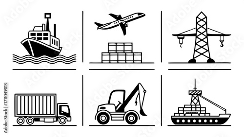 Clean, thin-line icons of various transportation modes, including ships, trucks, cranes, and forklifts, arranged in a grid, minimalist black on white.