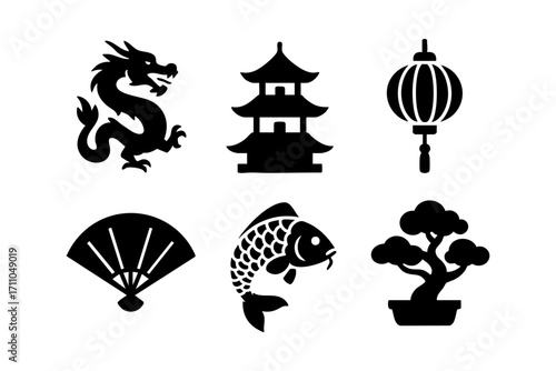 Chinese culture icons in black silhouette style: dragon, pagoda temple, lantern, hand fan, koi fish, and bonsai tree.