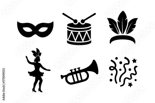 Carnival icons in black silhouette style: mask, drum, feathers, dancer, trumpet, and confetti.