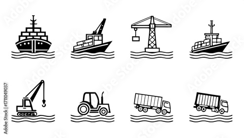 Clean, thin-line icons of various transportation modes, including ships, trucks, cranes, and forklifts, arranged in a grid, minimalist black on white.