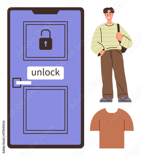 Blue door with unlock sign and latch next to a casually dressed man with bag, striped sweater, and brown pants. Includes a separate detail of a minimalistic brown shirt. Ideal for security
