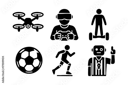 Modern technology and sports icons in black silhouette style: drone, VR gamer, hoverboard rider, soccer ball, runner, and robot referee.