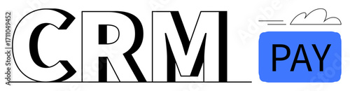 CRM text paired with a blue payment wallet icon, signifying business solutions. Ideal for finance, software, customer service, data management, CRM integration, fintech efficiency metaphor. Clear