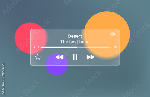 Glass music audio player ui. Media transparent music player design digital interface.