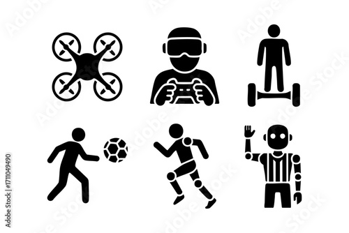 Modern sports and technology icons in black silhouette style: drone, gamer with VR headset, person on hoverboard, football player, runner, and robot referee.