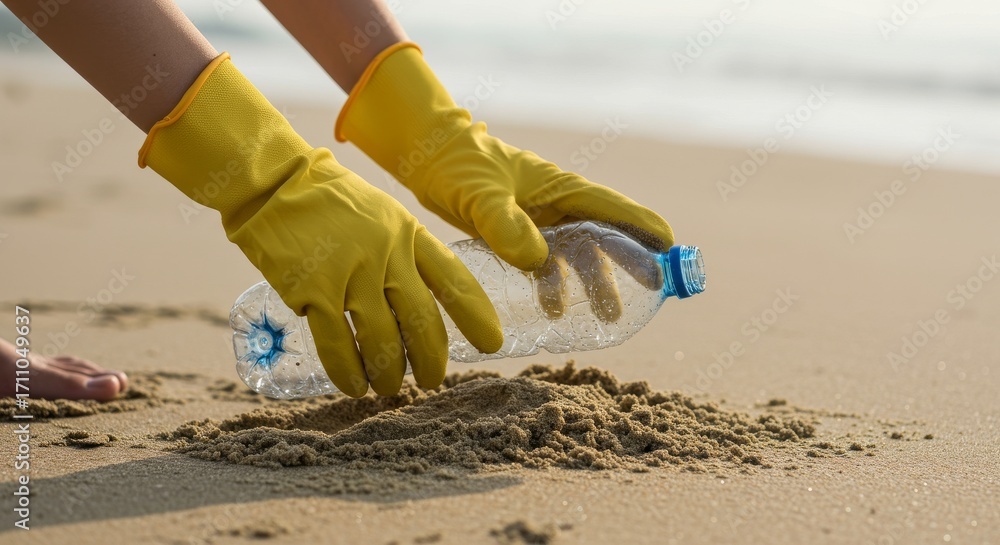 Obraz premium Person picking up plastic bottle while cleaning beach sand 